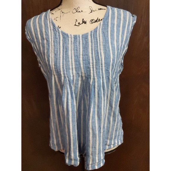 Lands End Women's 12P Petite Top Blouse 100% Linen Blue Stripe Sleeveless Hi low - Picture 1 of 7